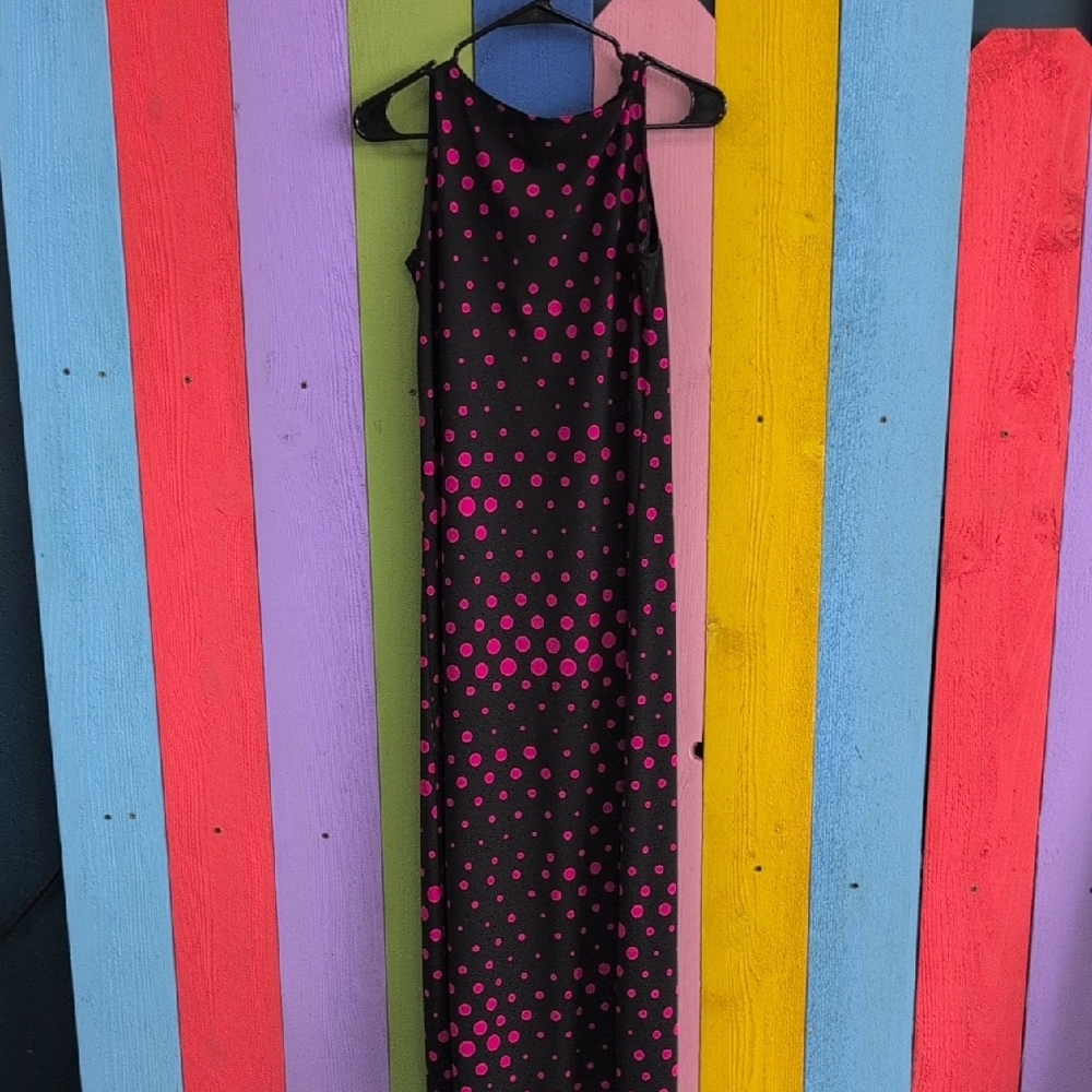 Vintage Black And Pink Polka Dot Maxi Dress